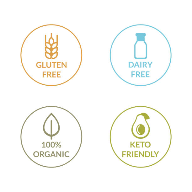 wektorowy zestaw ilustracji kolorowych ikon bezpiecznej żywności bez alergenów. dieta keto, bez laktozy i mleka, bezglutenowe, żywność ekologiczna. do etykiet i opakowań - bezglutenowy stock illustrations
