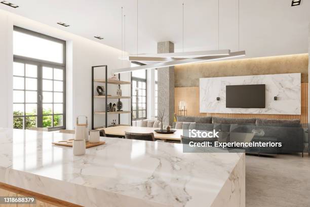 Modern Open Plan Apartment Interior Stock Photo - Download Image Now - Kitchen, Marble - Rock, Kitchen Counter