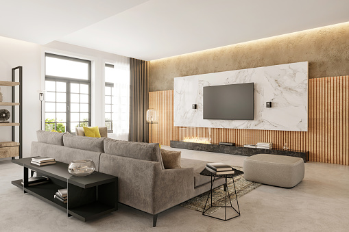 Modern apartment living room interior. Velvet sofa, shelf, armchair, TV set, fireplace, marble panel, wooden wall, conrete floor, lamp, big window and white walls. Copy space template. Render.