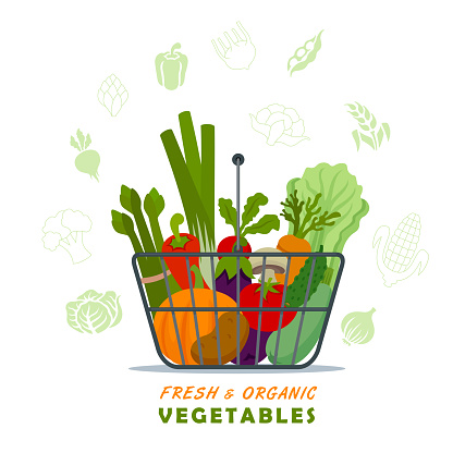 Fresh and organic vegetables in shopping basket.