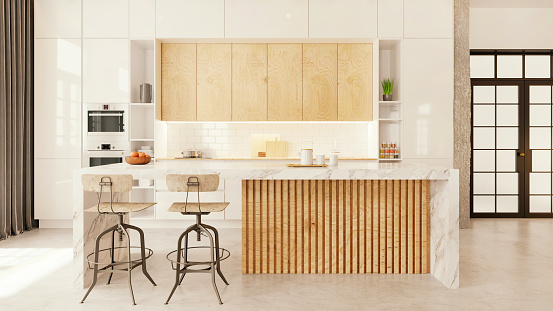 Modern apartment kitchen interior. Marble kitchen countertop, wooden stools, white cabinet, white walls, concrete floor and door in the background. Copy space template. Render.