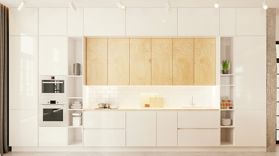 Modern apartment kitchen interior. White cabinet, oven, sink, white walls. Copy space template. Render.