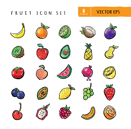 Vector illustration of a set of fruit icons. Includes hand drawn banana, orange, lemon, coconut, plum, kiwi, apple, avocado, pineapple, pear, tomato, peach, watermelon, pomegranate, lime, blueberries, papaya, lemon, grapes, strawberry, cherry, passion fruit, raspberry, cantaloupe and blood orange. Simple set that includes vector eps and high resolution jpg in download.