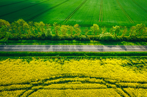 Aerial view of Agriculture fields and spring Landscape \nGermany