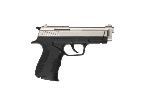 istock Black silver modern pistol on a white background. A short-barreled weapon for concealed carry. Armament of the police, army and special units. 1318690520