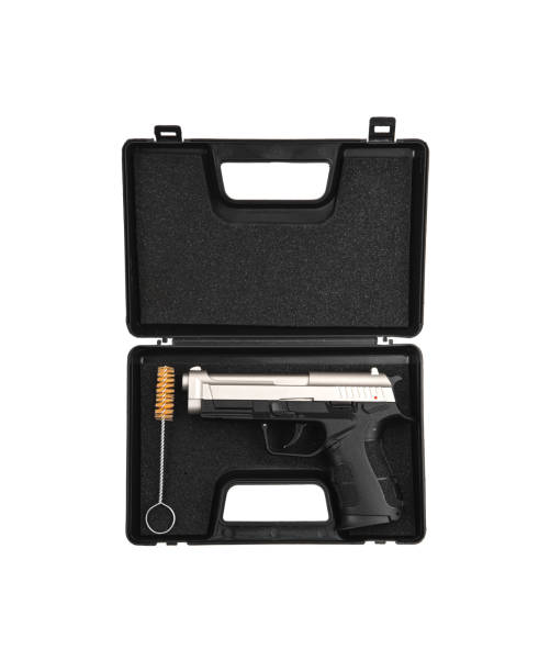 istock Black silver modern pistol on a white background. A short-barreled weapon for concealed carry. Armament of the police, army and special units. 1318690528