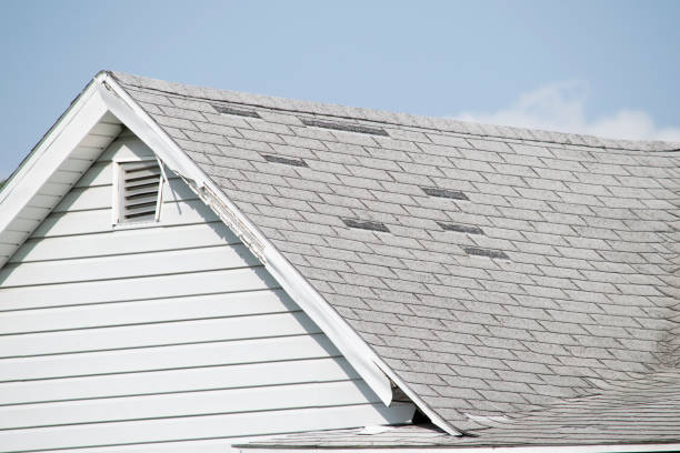 istock Damaged and old roofing shingles and gutter system on a house 1318693468