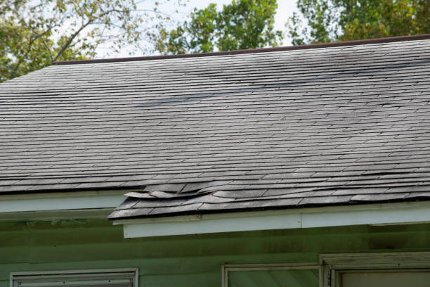 istock Damaged and old roofing shingles and gutter system on a house 1318693470