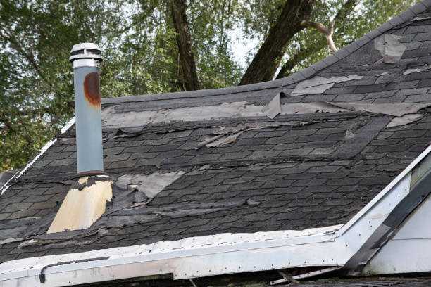 istock Damaged and old roofing shingles and gutter system on a house 1318693491