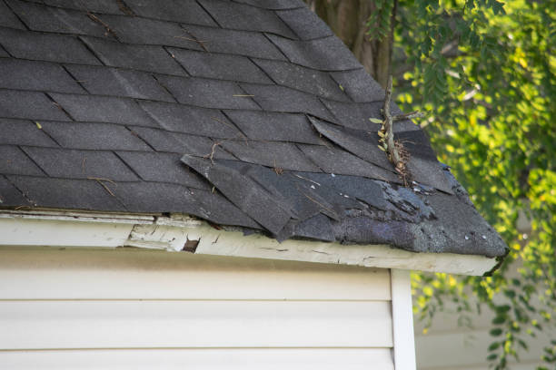 istock Damaged and old roofing shingles and gutter system on a house 1318693494