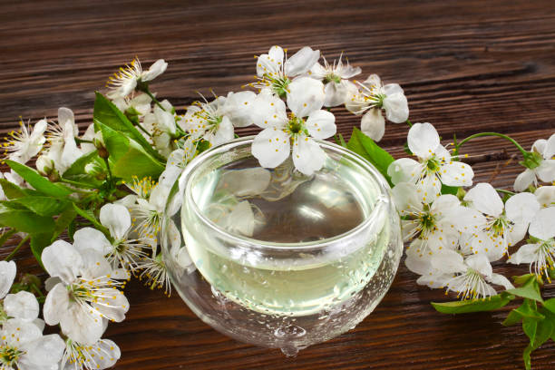 té verde en una taza termo de vidrio con flores de cerezo - green tea cherry blossom china cup fotografías e imágenes de stock