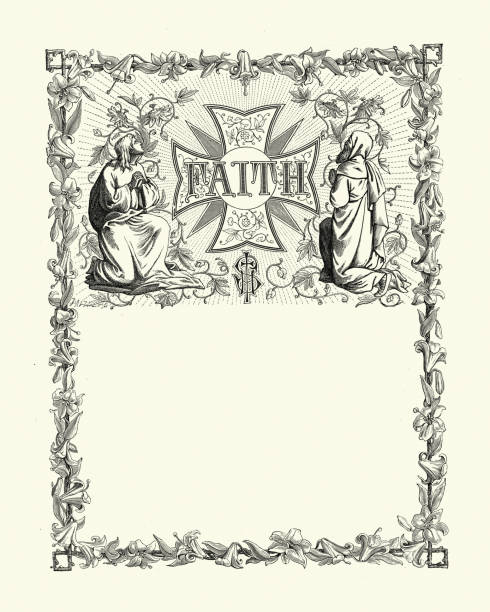 Vintage illustration of Ornate 19th Century style religious certificate border, Faith