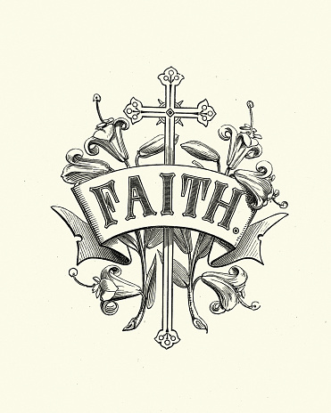 Vintage illustration of Religious design element, cross, faith, 19th Century