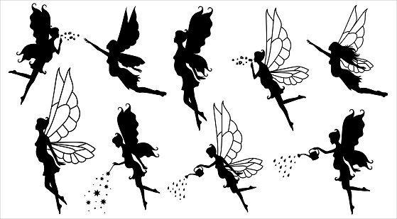Collections of vector silhouettes of pregnant fairy. Isolated on white.