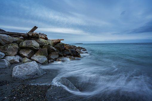 Long exposure of a breakwater on the coast of Victoria, BC.