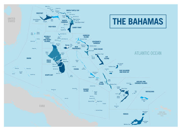 mapa polityczna wysp bahama. szczegółowa ilustracja wektorowa z odizolowanymi prowincjami, wyspami, regionami, departamentami, stanami i miastami, łatwa do rozgrupowywanie. - turks and caicos islands caicos islands bahamas island stock illustrations