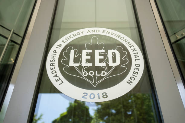 LEED Gold Certification Portland, OR, USA - May 16, 2021: The LEED Gold certification icon is seen at the entrance to the Broadway Tower, Portland's newest modern mixed-used tower. leed certification stock pictures, royalty-free photos & images