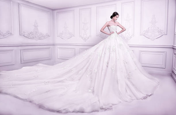 Beautiful high-fashion female model posing in a gorgeous large wedding dress. Beautiful high-fashion female model posing wearing a haute couture gorgeous long wedding gown in a studio. sposa stock pictures, royalty-free photos & images