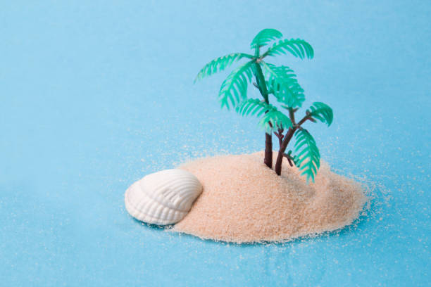 istock miniature plastic palm tree in the sand, blue background, copy space, reflection in the glass, face mask under the glass, stay home concept, canceling the journey 2020 1318715889