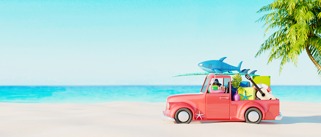 Red car with luggage and beach accessories ready for summer vacation. Creative summer concept idea with copy space 3D Render 3D illustration