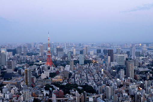Aerial view of Tokyo with Tokyo Tower, skyscrapers and highways illuminated at dusk.
