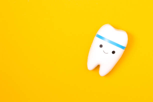 istock tooth model on a yellow background, happy tooth, smilling tooth, white healthy tooth, copy space, oral care concept 1318720097