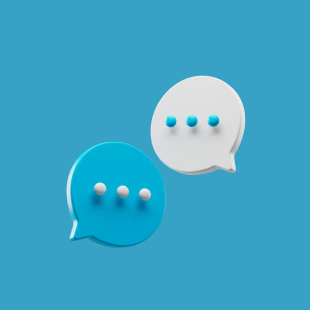 iconos de discusión de chat simple ilustración render 3d aislado en fondo azul - hi technology fotografías e imágenes de stock