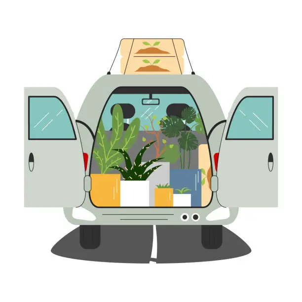 Vector illustration of Van trunk is open and full of houseplants and land