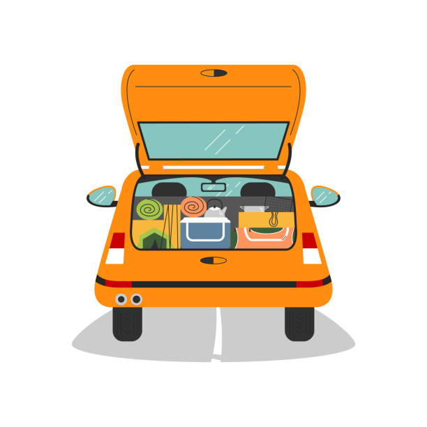 kofferraum ist offen und voller campingausrüstung - auto kofferraum stock-grafiken, -clipart, -cartoons und -symbole