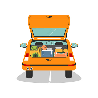 Car trunk is open and full of camping equipment. Automobile, back view with tent, sleeping bag, dishware, picnic fridge, grill grid. Travel by car concept. Vector flat cartoon illustration isolated