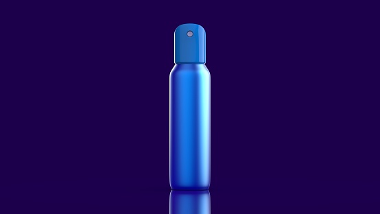 Blue blank aluminum spray can on blue background. The blue template bottle spray for design. 3D rendering illustration