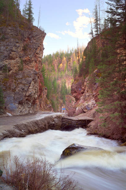 The road between the high cliffs along the mountain river Chibita in spring, a raging stream of water. Nature of Siberia, Russia