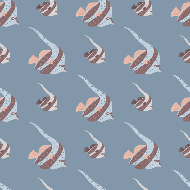 ilustrações de stock, clip art, desenhos animados e ícones de hand drawn seamless pattern with nature aqua imperial angelfish elements. pastel blue background. - imperial angelfish