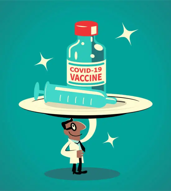 Vector illustration of The smiling man (scientist or doctor) carrying a huge plate with a big COVID-19 vaccine bottle and syringe on it