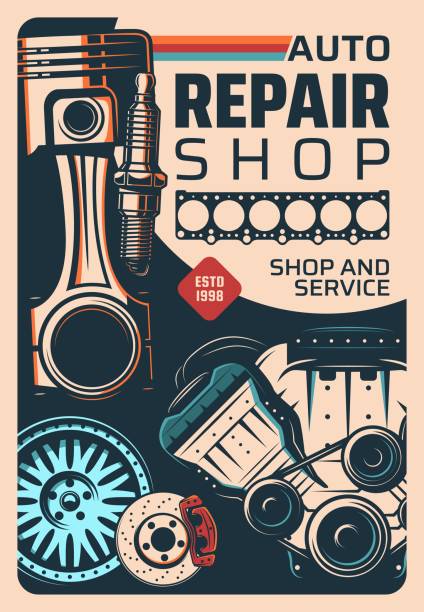 Car repair service and spare parts shop poster Vehicle repair shop and car service vintage poster. Car engine mechanic, repair garage station or spare parts store retro vector banner. Engine gasket, piston and spark plug, wheel and braking disk engine illustrations stock illustrations