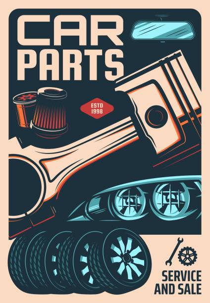 Car spare parts store, repair shop retro banner Car spare parts shop, repair workshop retro poster. Vehicle repair service, auto mechanic garage station vector banner. Car engine piston, air or oil filter, tires on disks, headlight and mirror mechanic workshop stock illustrations