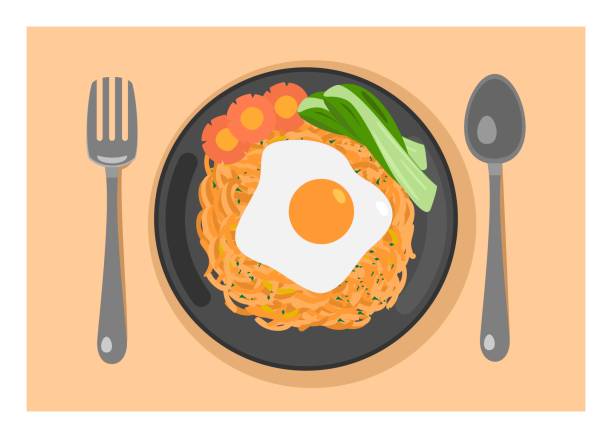 계란 튀김과 야채 토핑을 곁들인 국수 튀김. 맨 위 보기입니다. - fried egg lettuce vegetable lunch stock illustrations