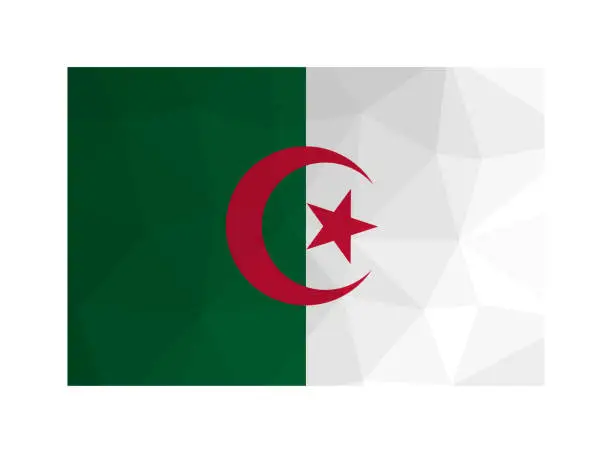 Vector illustration of Vector isolated illustration. National Algerian flag with bands of green and white, red star and crescent. Official symbol of Algeria. Creative design in low poly style with triangular shapes. Gradient effect.