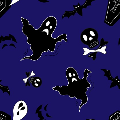 Vector seamless pattern to Halloween. Black silhouettes on a violet background. Pattern for wallpaper, backgrounds and decor