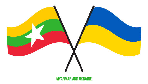ilustrações, clipart, desenhos animados e ícones de bandeiras de mianmar e ucrânia cruzadas e agitando estilo plano. proporção oficial. cores corretas. - burmese flag