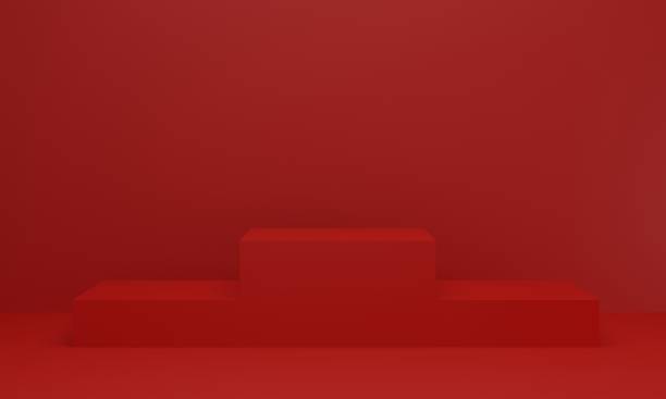 istock Empty red platform for showing product. podium in red studio room. 3d render 1318740055
