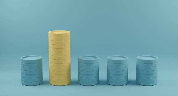 istock Yellow coin stacks standing out from crowd of identical blue fellows on light blue background 1318740192