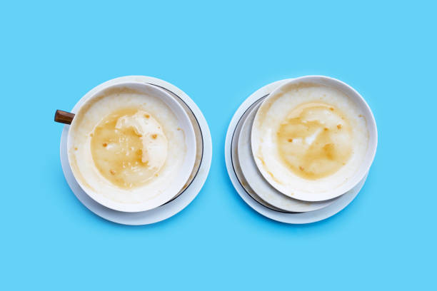 istock Dirty dishes on blue background. Top view 1318742341