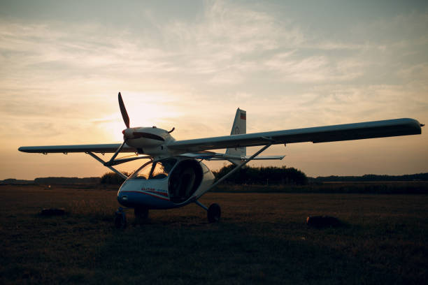Russia, Moscow - August 1, 2020: Small private single engine propeller airplane at regional airport.