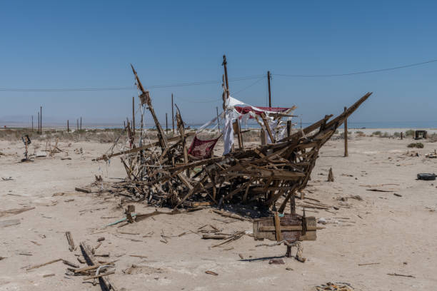 bizzarri opere d'arte alla bombay beach sulla costa orientale del salton sea, california meridionale - bombay beach foto e immagini stock