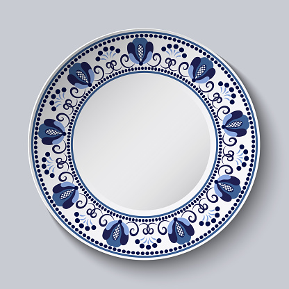 Porcelain plate with a blue decorative border in the style of national flower painting. Ornate floral decor. Realistic 3D decor. Vector illustration