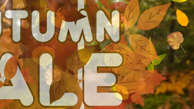 Animation of autumn sale text in white letters over autumn leaves and forest