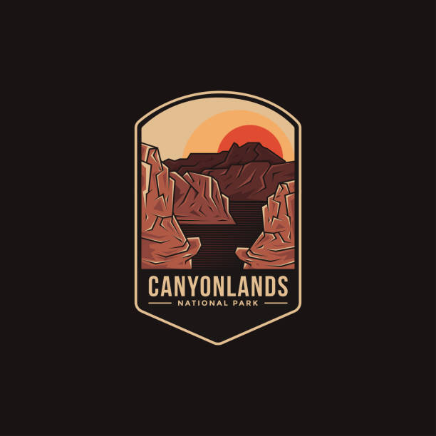 emblem patch vektor-illustration von canyonlands nationalpark auf dunklem hintergrund - moab stock-grafiken, -clipart, -cartoons und -symbole