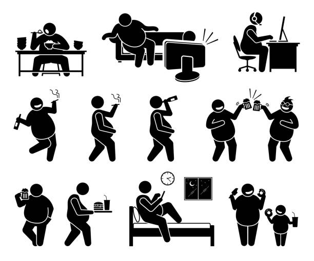 illustrations, cliparts, dessins animés et icônes de gros homme menant un mode de vie malsain. - overweight child television laziness