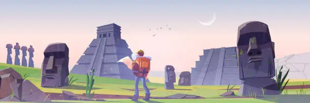 Vector illustration of Hiker on Easter island with mayan pyramids